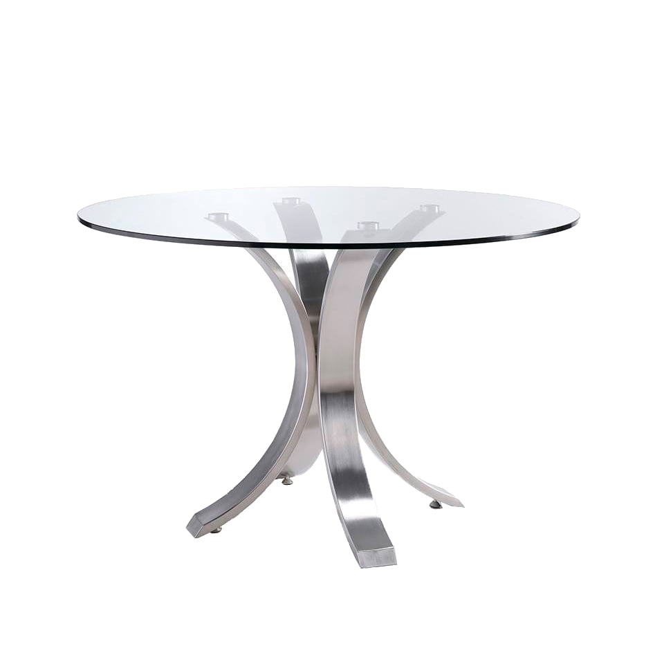 Dining table with curved polished steel base