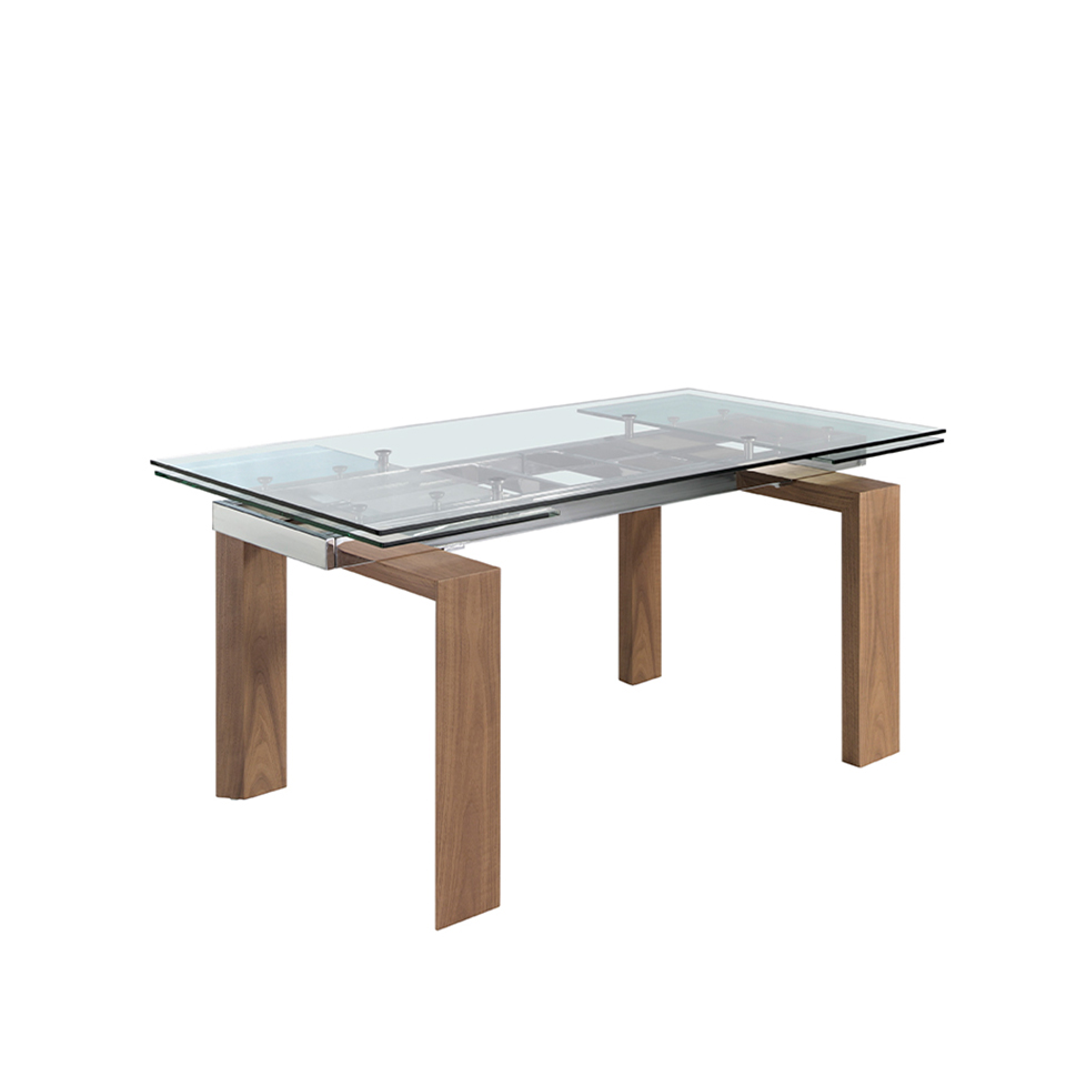 Mesa comedor extensible de cristal templado y madera Nogal