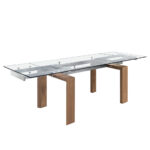 Mesa comedor extensible de cristal templado y madera Nogal