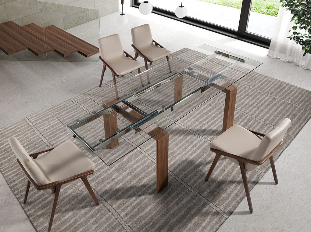 Extendable dining table in tempered glass and Walnut wood
