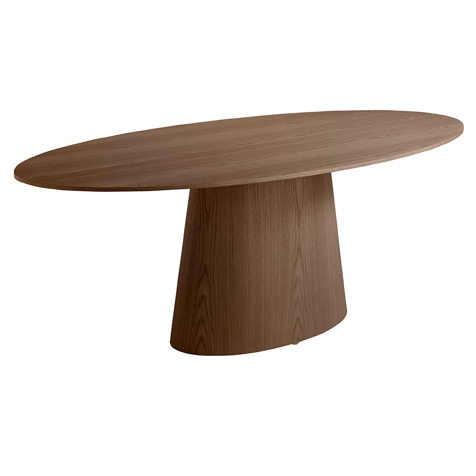 Oval dining table in walnut veneered wood.