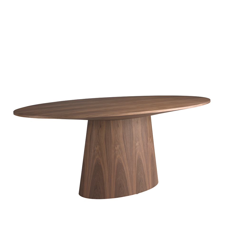 Mesa de comedor ovalada de madera chapada en nogal
