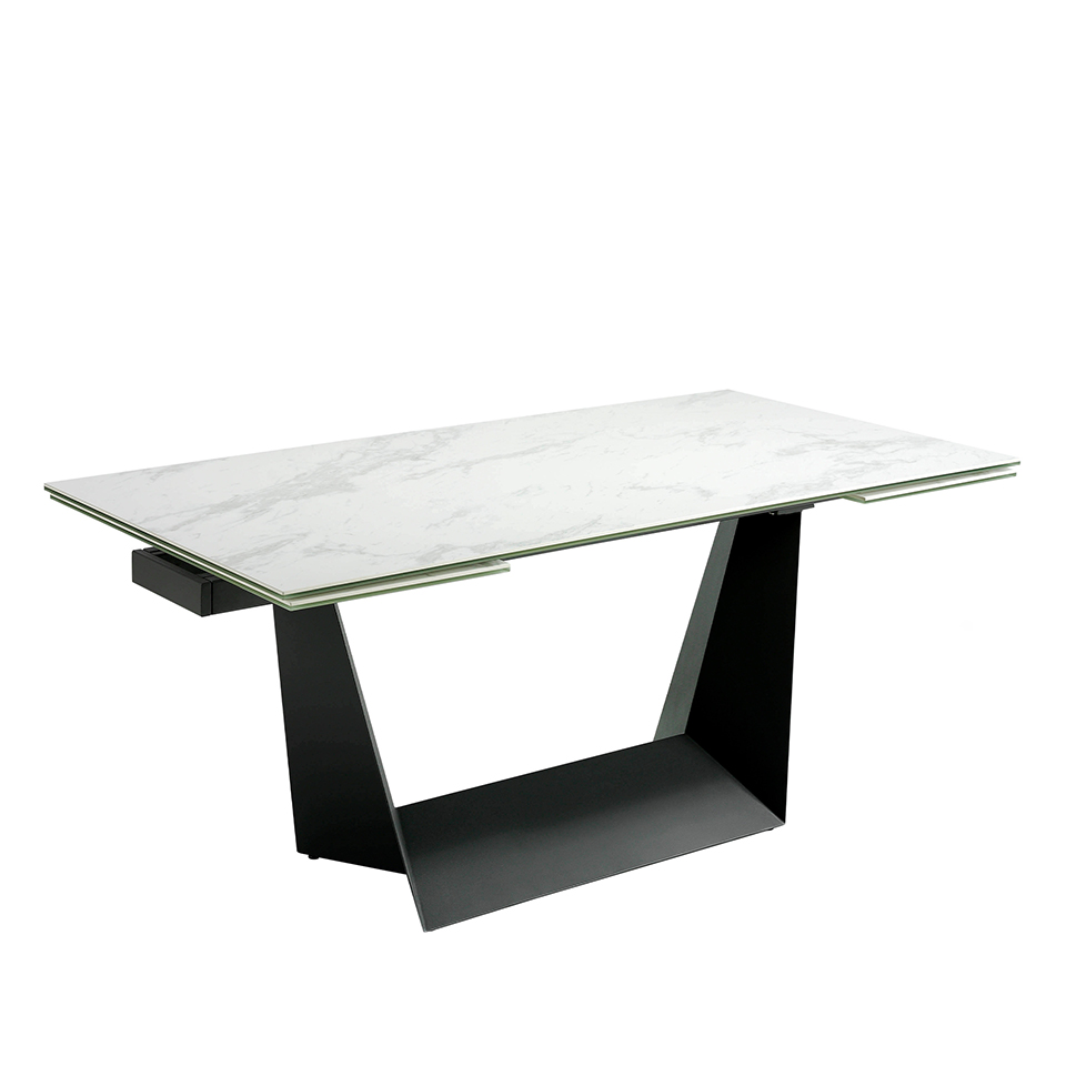 Mesa comedor extensible de porcelánico y acero negro