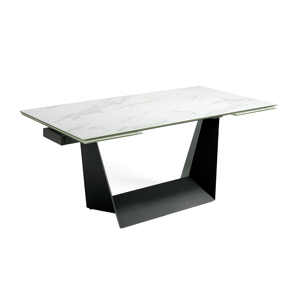 Mesa comedor extensible de porcelánico y acero negro