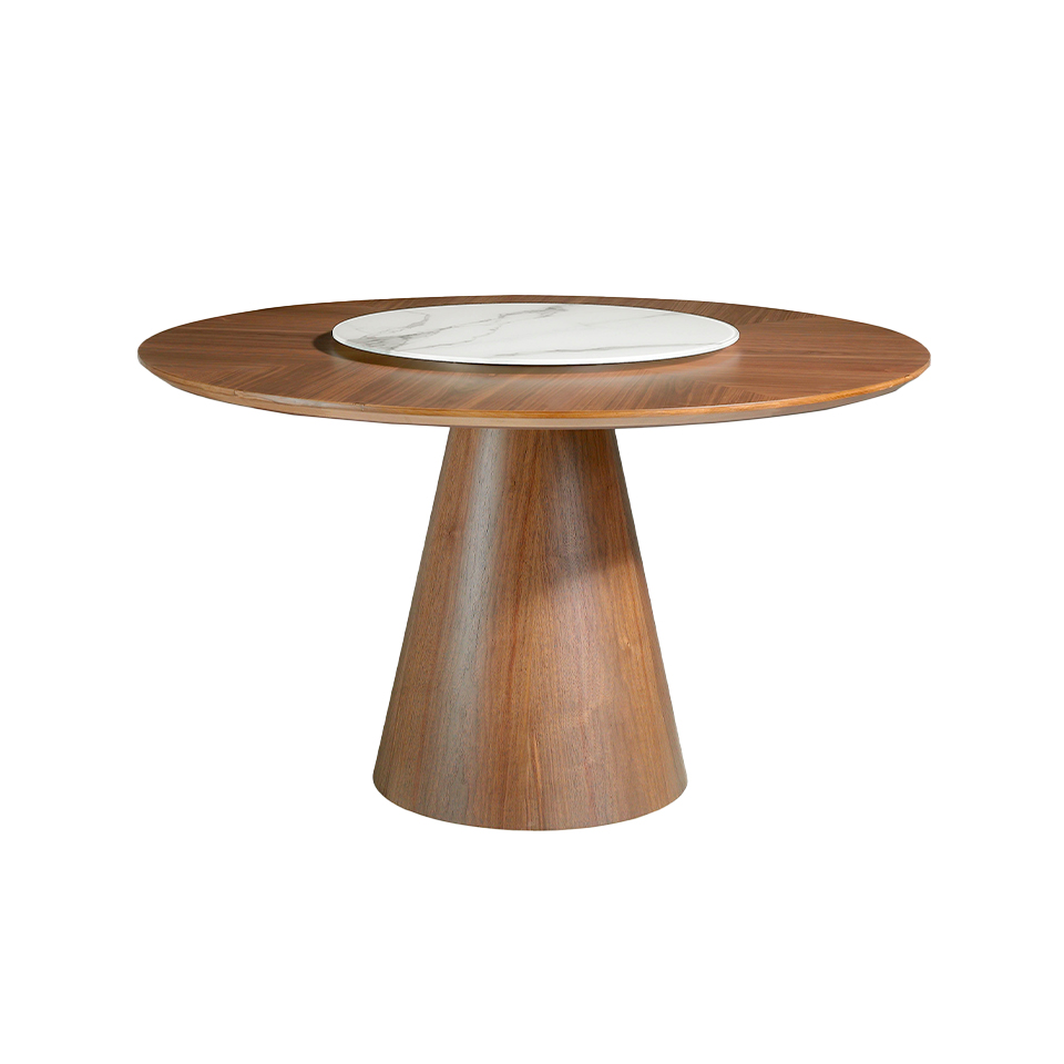 Круглый обеденный стол из дерева орехового цвета с вращающейся столешницей из керамогранита.