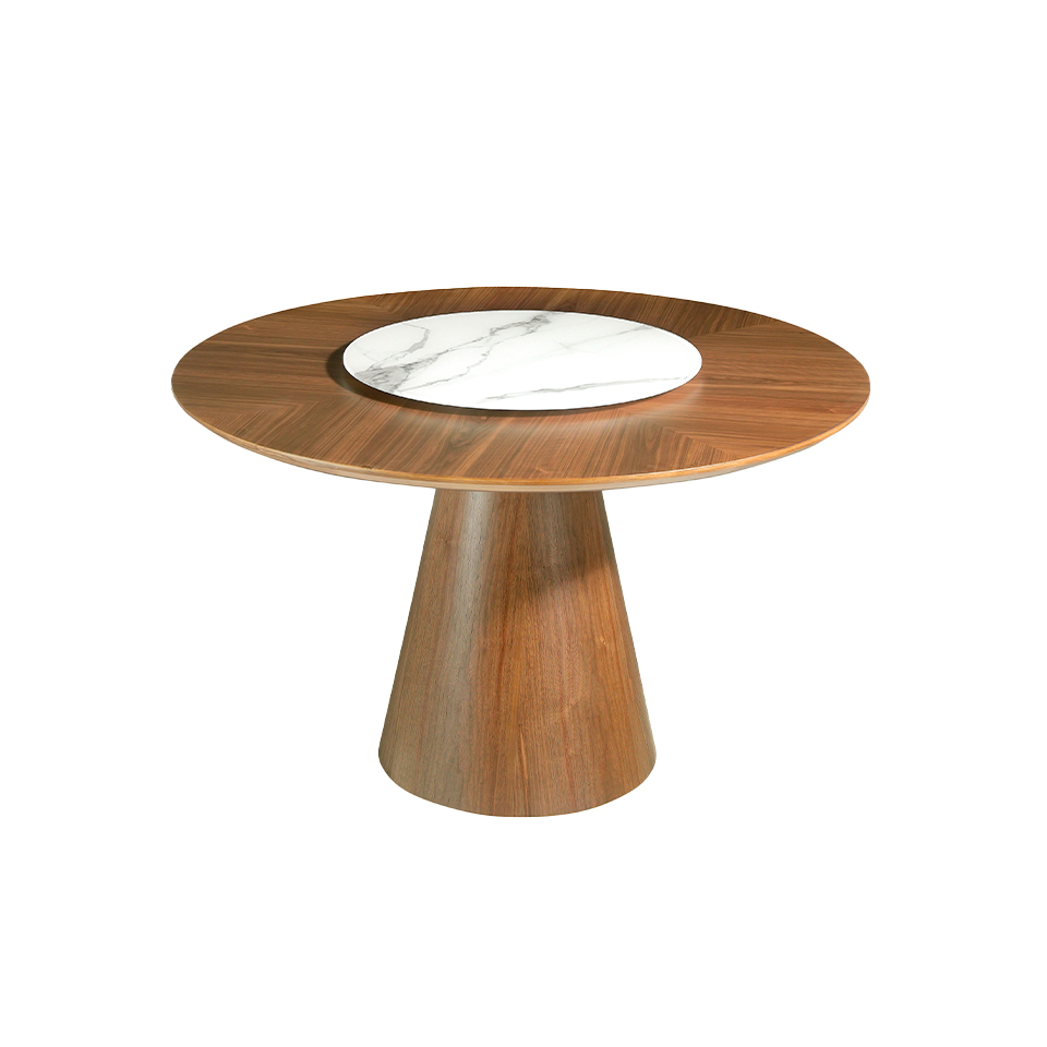 Round walnut wood dining table and porcelain turntable
