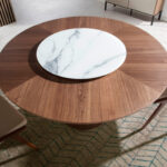 Round walnut wood dining table and porcelain turntable