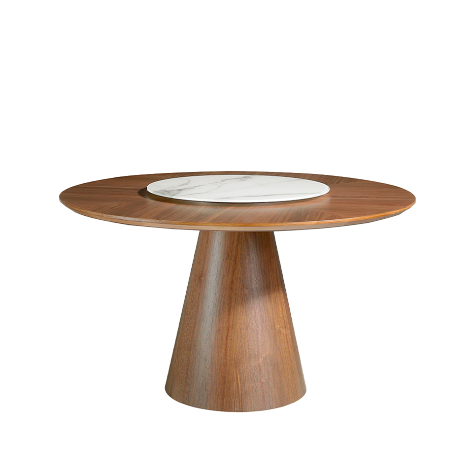 Mesa comedor redonda de madera Nogal y plato giratorio porcelánico