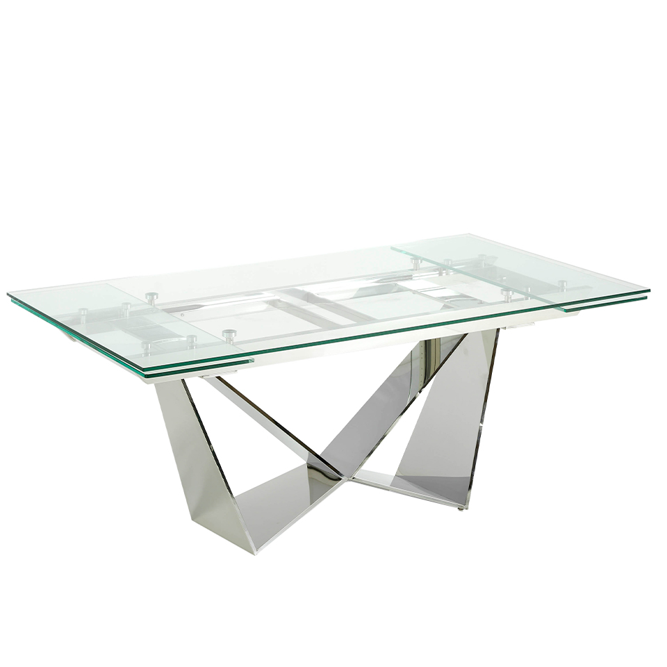 Mesa comedor extensible de cristal templado y acero cromado