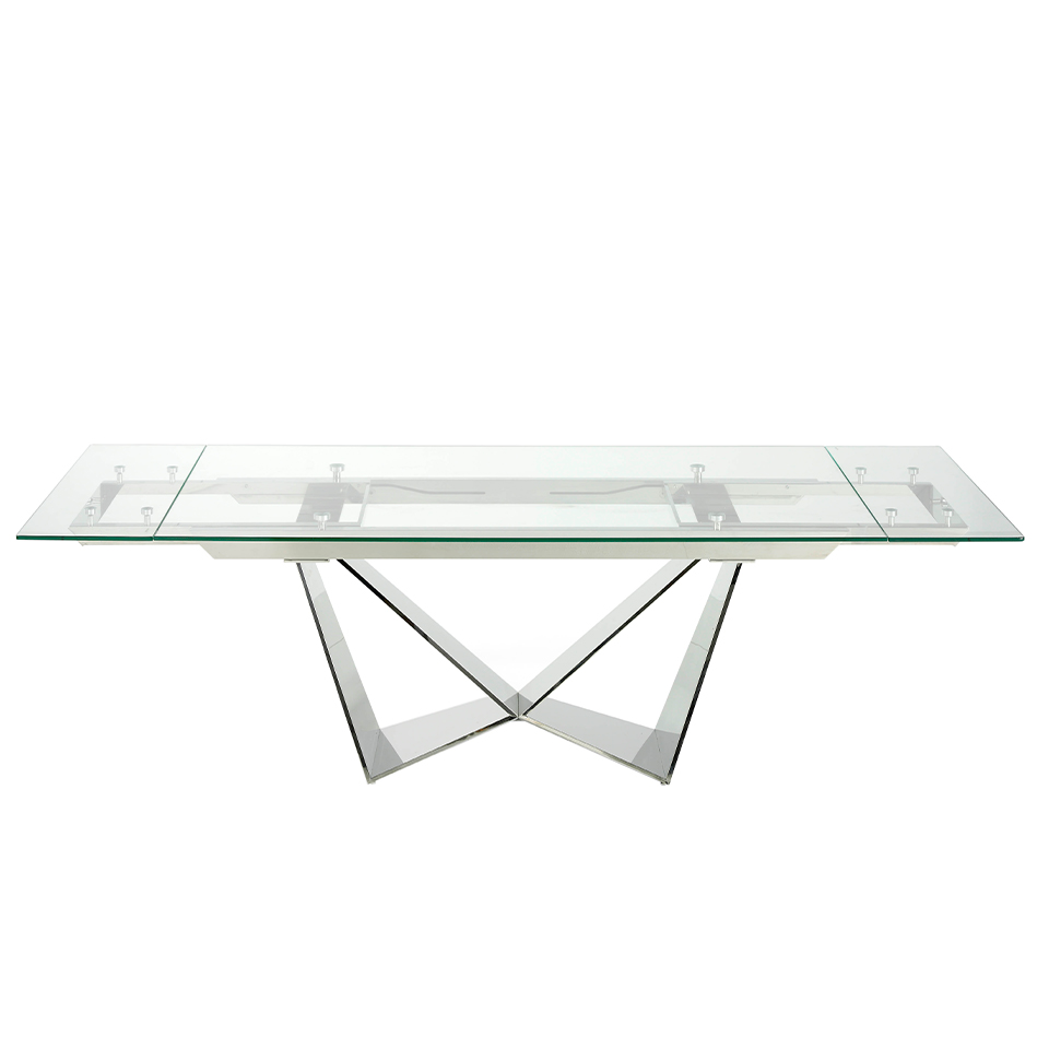 Обеденный раздвижной стол из закаленного стекла и хромированной стали