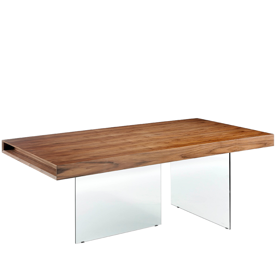 Walnut wood dining table and tempered glass