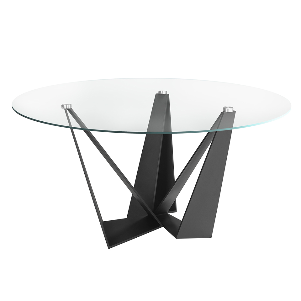 Mesa comedor de cristal y acero negro