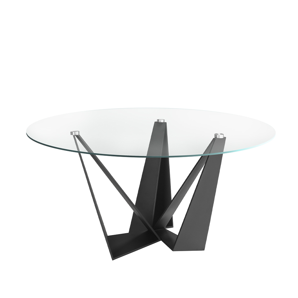 Mesa comedor de cristal y acero negro