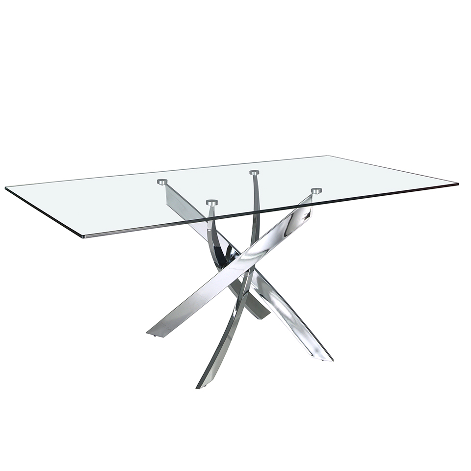 Curved chrome steel and tempered glass dining table