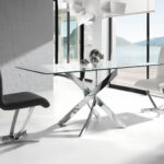 Curved chrome steel and tempered glass dining table