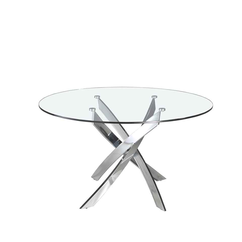 Mesa comedor de cristal templado y acero cromado curvado