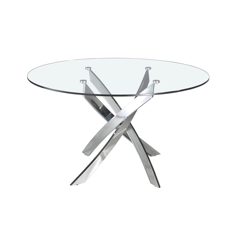 Curved chrome steel and tempered glass dining table