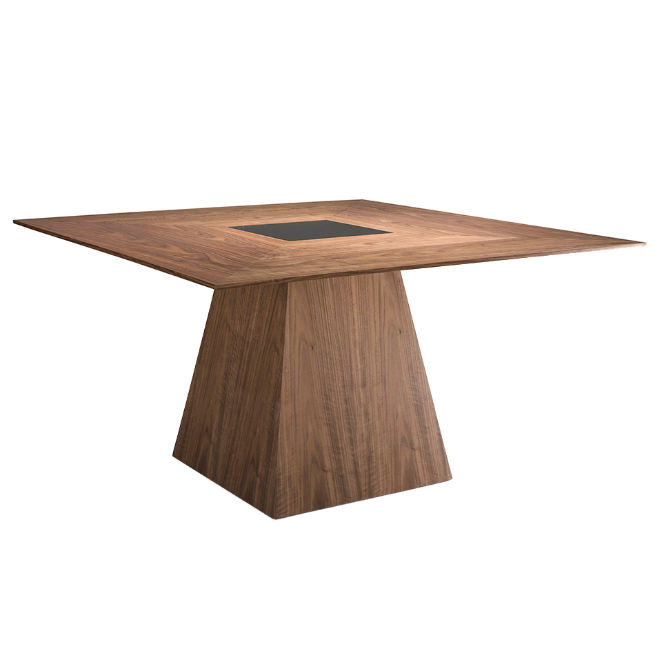 Walnut wood dining table with black tinted glass