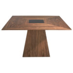 Walnut wood dining table with black tinted glass