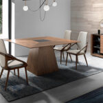 Walnut wood dining table with black tinted glass