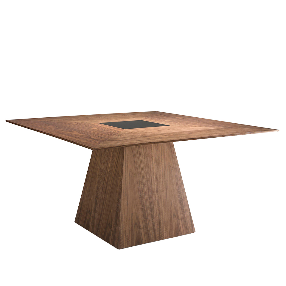 Walnut wood dining table with black tinted glass