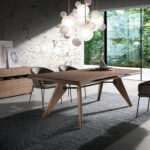 Walnut wood dining table with mirrored glass