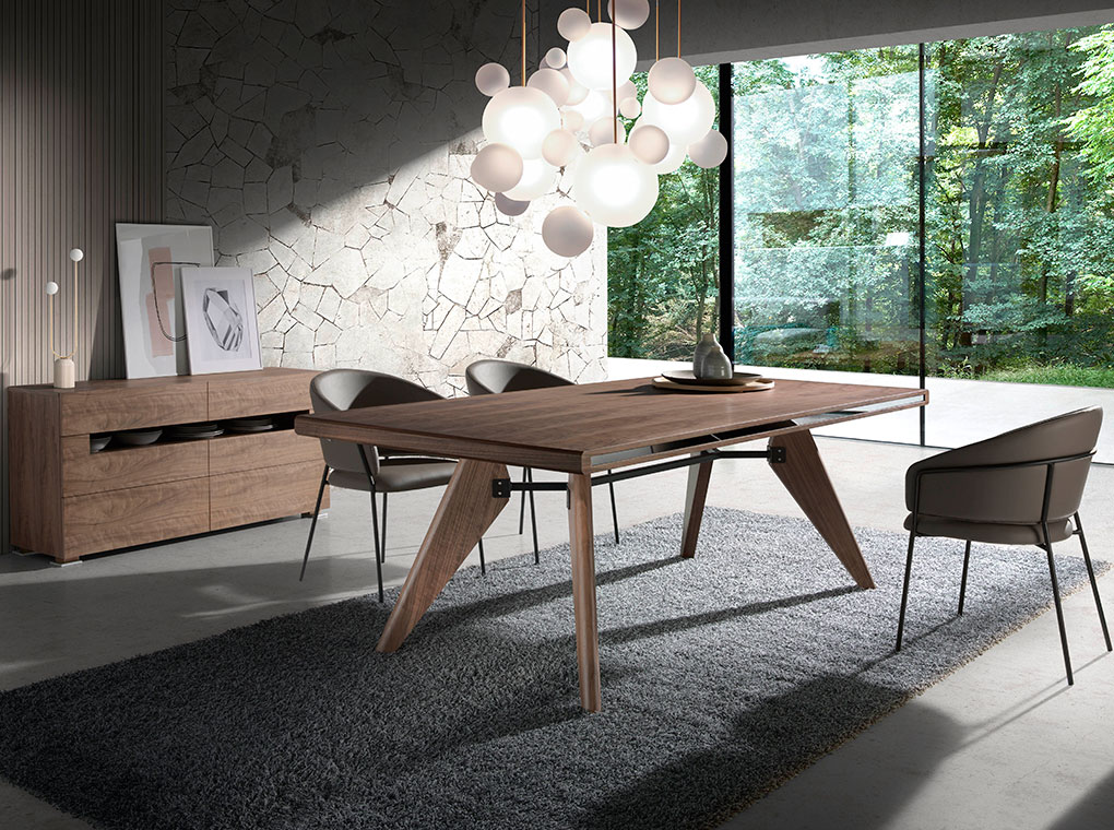 Walnut wood dining table with mirrored glass