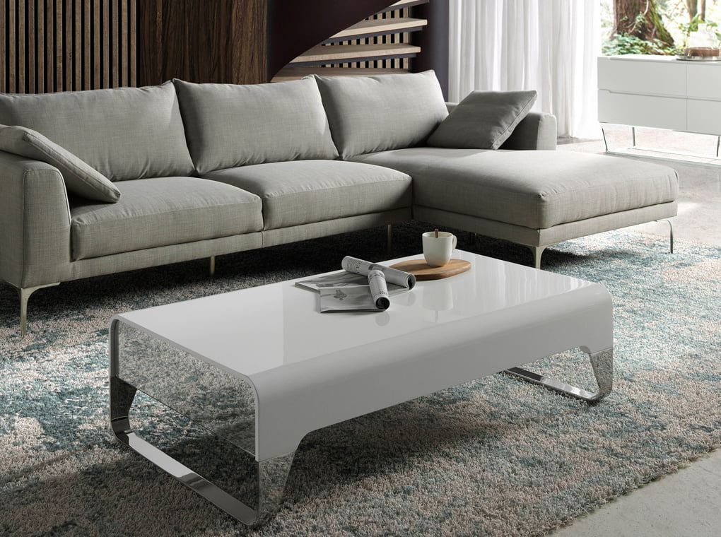 Lacquered wooden centre table with side drawers and stainless steel legs Lacquered wooden centre table with side drawers and stainless steel legs