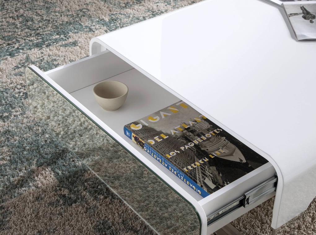 Lacquered wooden centre table with side drawers and stainless steel legs Lacquered wooden centre table with side drawers and stainless steel legs