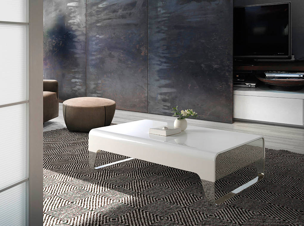 Lacquered wooden centre table with side drawers and stainless steel legs Lacquered wooden centre table with side drawers and stainless steel legs