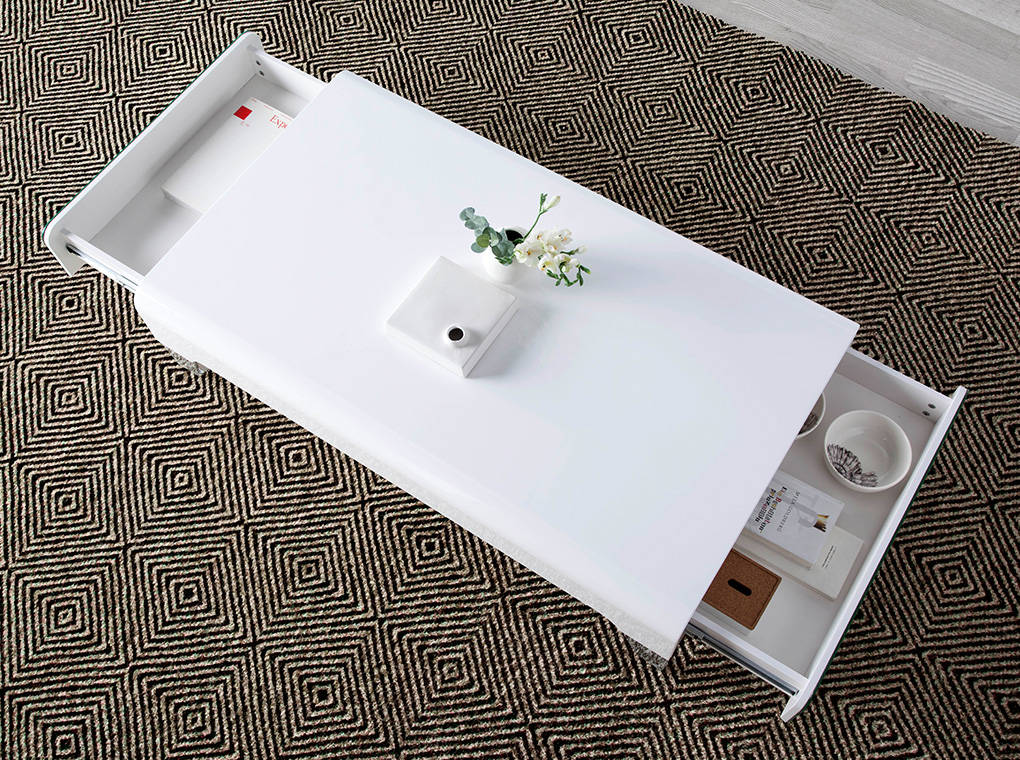 Lacquered wooden centre table with side drawers and stainless steel legs Lacquered wooden centre table with side drawers and stainless steel legs