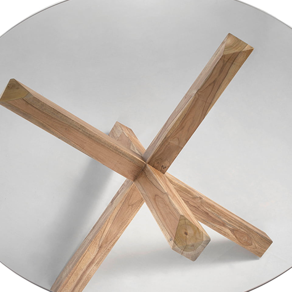 Round tempered glass and teak wood dining table Round tempered glass and teak wood dining table
