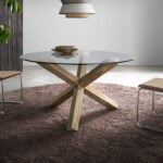 Round tempered glass and teak wood dining table