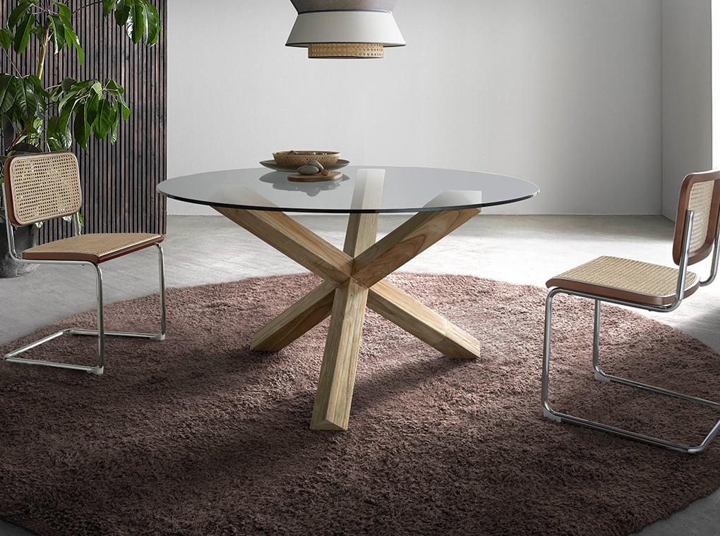 Round tempered glass and teak wood dining table