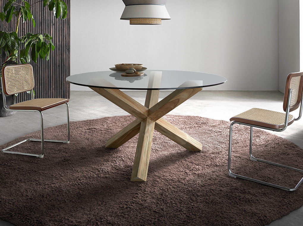 Round tempered glass and teak wood dining table Round tempered glass and teak wood dining table