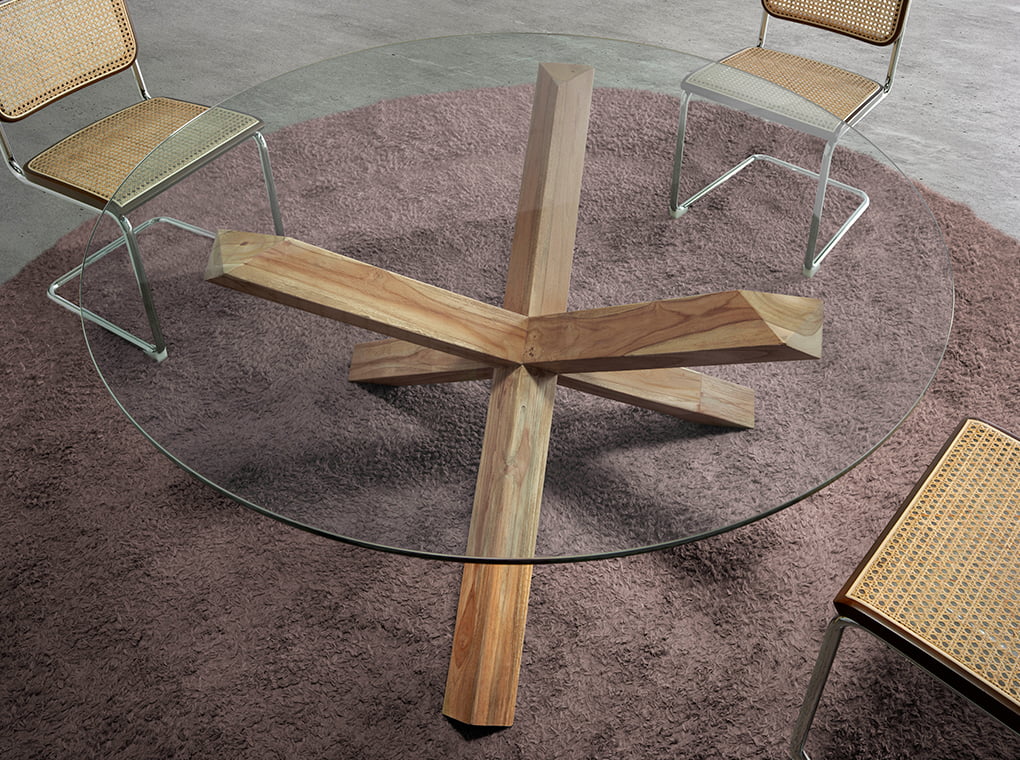 Round tempered glass and teak wood dining table Round tempered glass and teak wood dining table