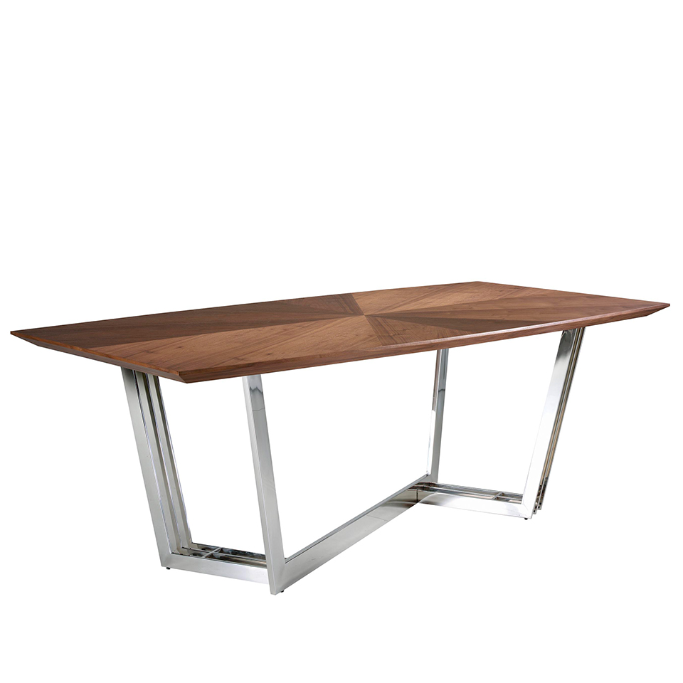 Dining table in walnut wood and chrome-plated steel
