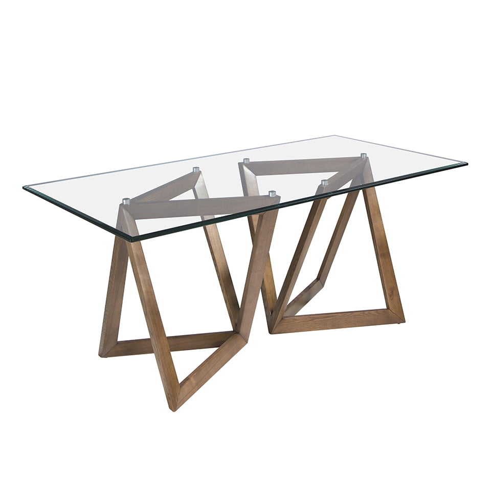 Rectangular dining table in walnut and tempered glass.