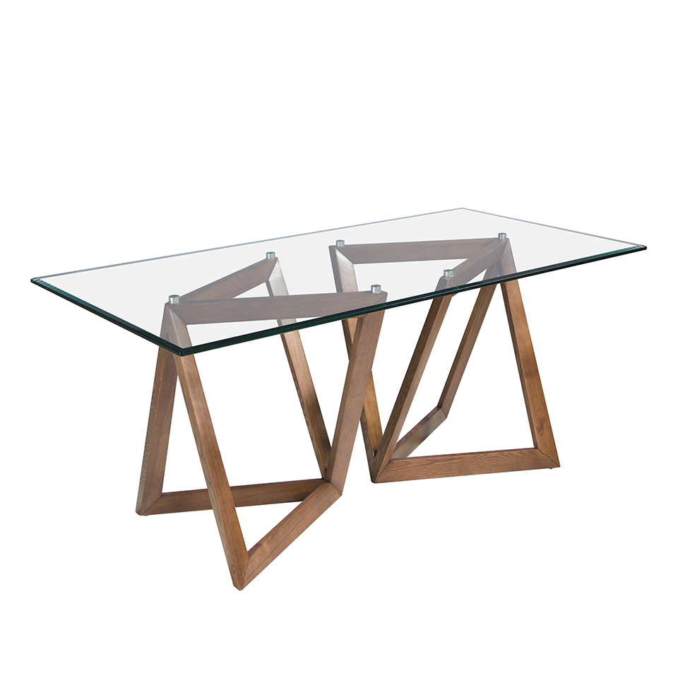 Прямоугольный обеденный стол из ореха и закаленного стекла.