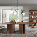 Rectangular dining table in walnut and golden steel