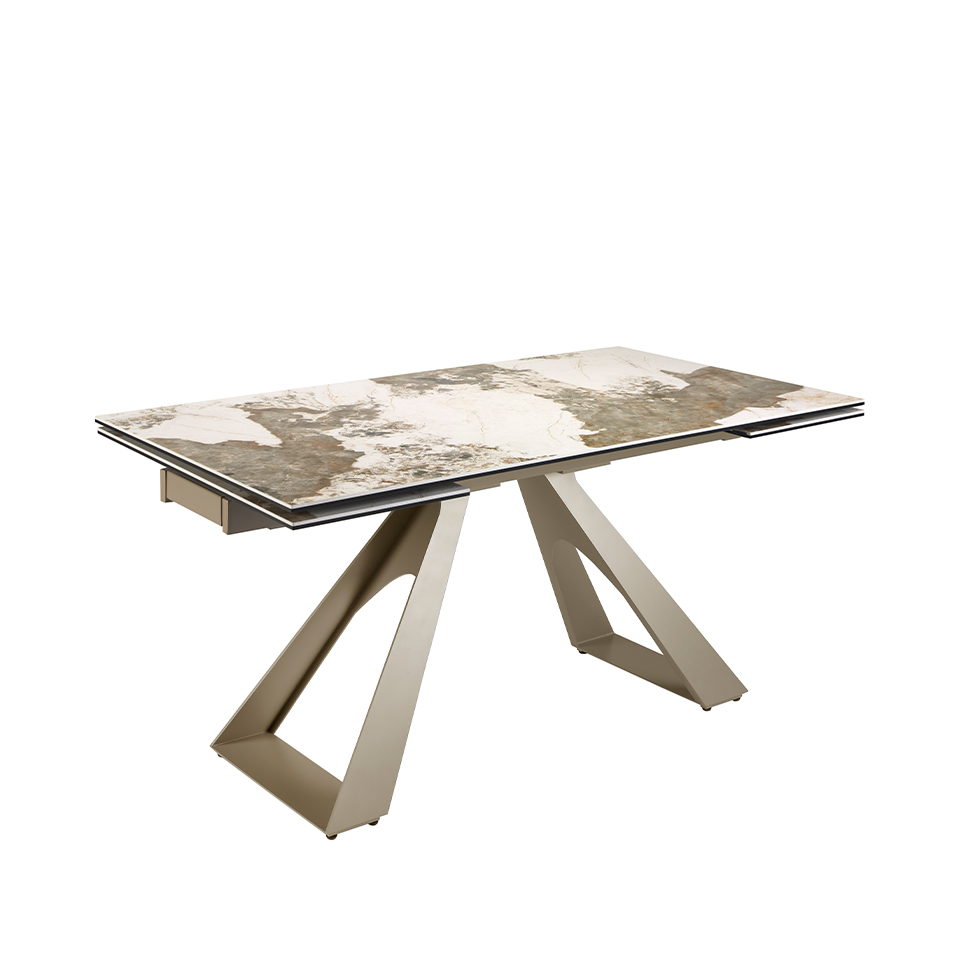 Rectangular porcelain marble and champagne-coloured steel extending dining table