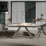 Rectangular porcelain marble and champagne-coloured steel extending dining table