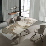 Rectangular porcelain marble and champagne-coloured steel extending dining table