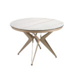Round porcelain marble and champagne-coloured steel extending dining table