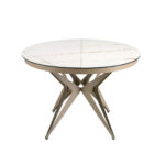 Round porcelain marble and champagne-coloured steel extending dining table