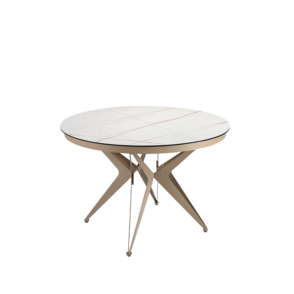 Round porcelain marble and champagne-coloured steel extending dining table