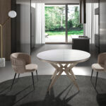 Round porcelain marble and champagne-coloured steel extending dining table