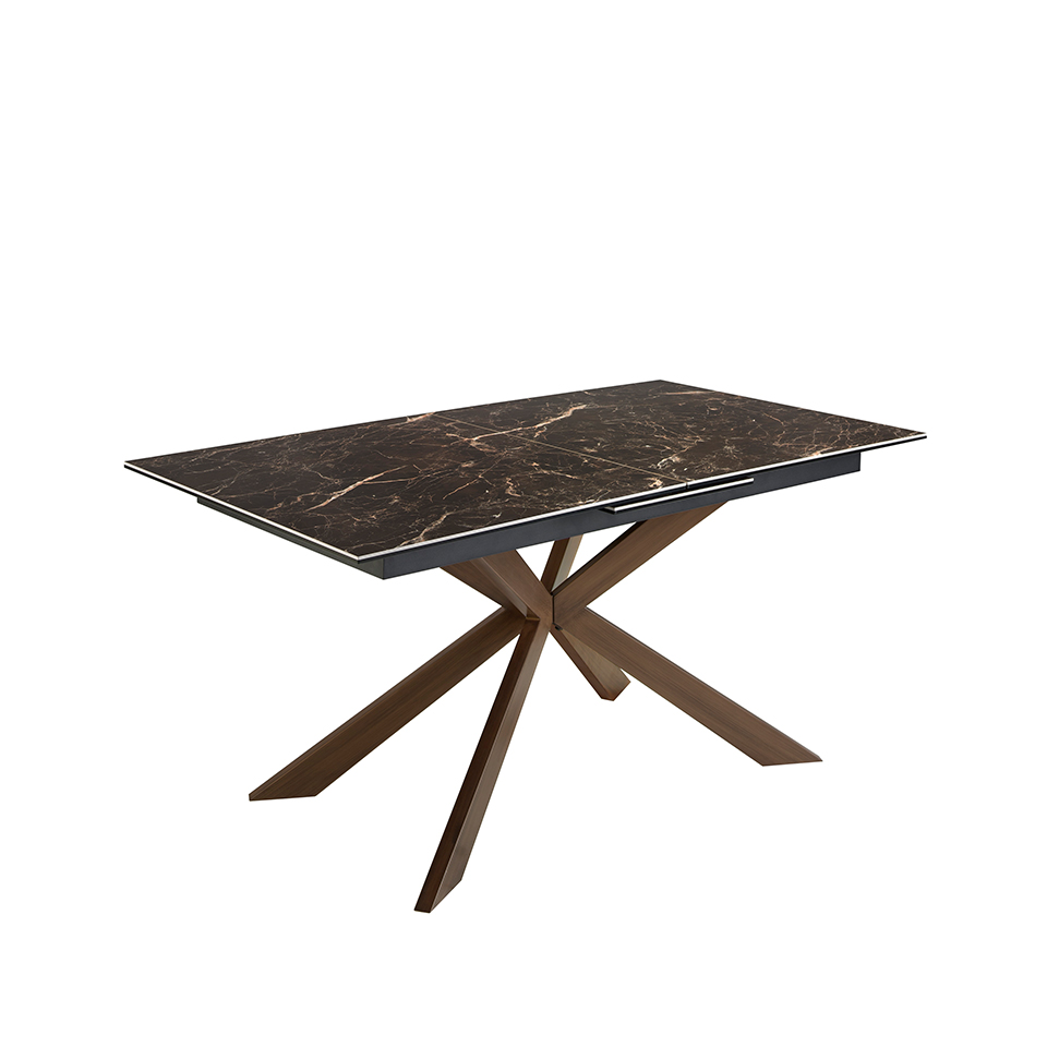 Раздвижной обеденный стол прямоугольная фарфоровый мрамор и сталь с эффектом ореха