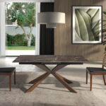 Rectangular porcelain marble and walnut effect steel extending dining table