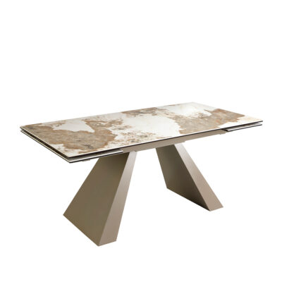 (Español) Mesa comedor extensible rectangular mármol porcelánico y acero color champagne dining table- Angel Cerda